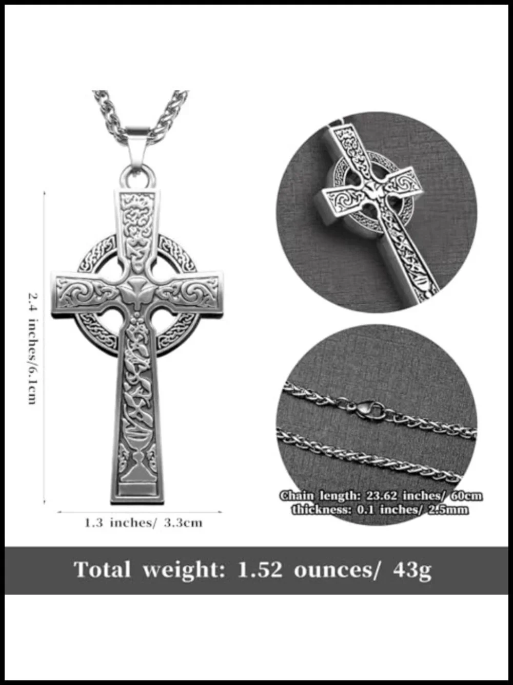 Celtic Cross Necklace Viking Crucifix Pendant Stainless Steel Chain Religious